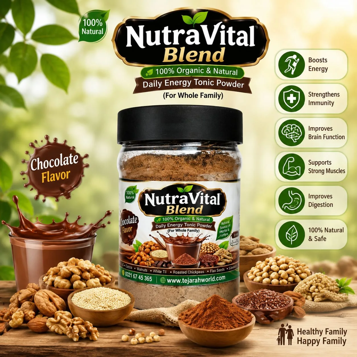 NutraVital Blend - 100% Organic & Natural Daily Energy Tonic Powder (Chocolate Flavor)